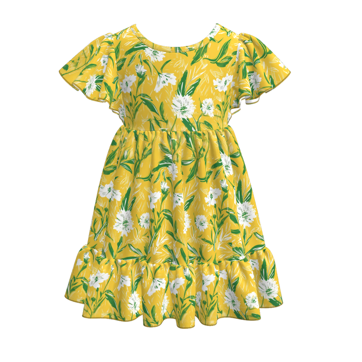 Girls floral flutter sleeve Splicing dress