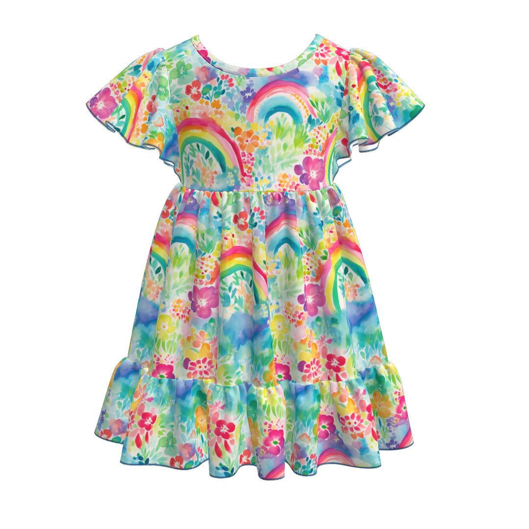 Girls floral flutter sleeve Splicing dress
