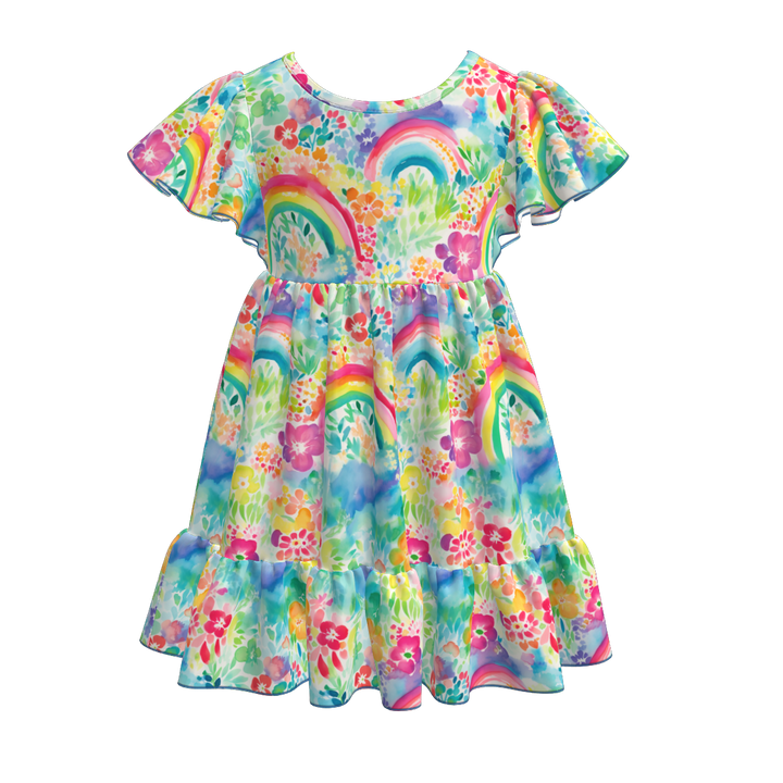 Girls floral flutter sleeve Splicing dress