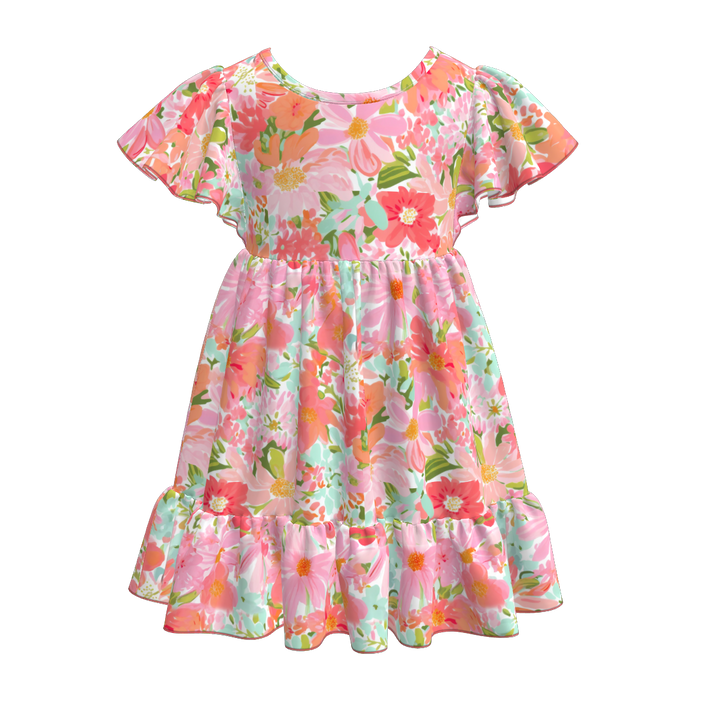Girls floral flutter sleeve Splicing dress