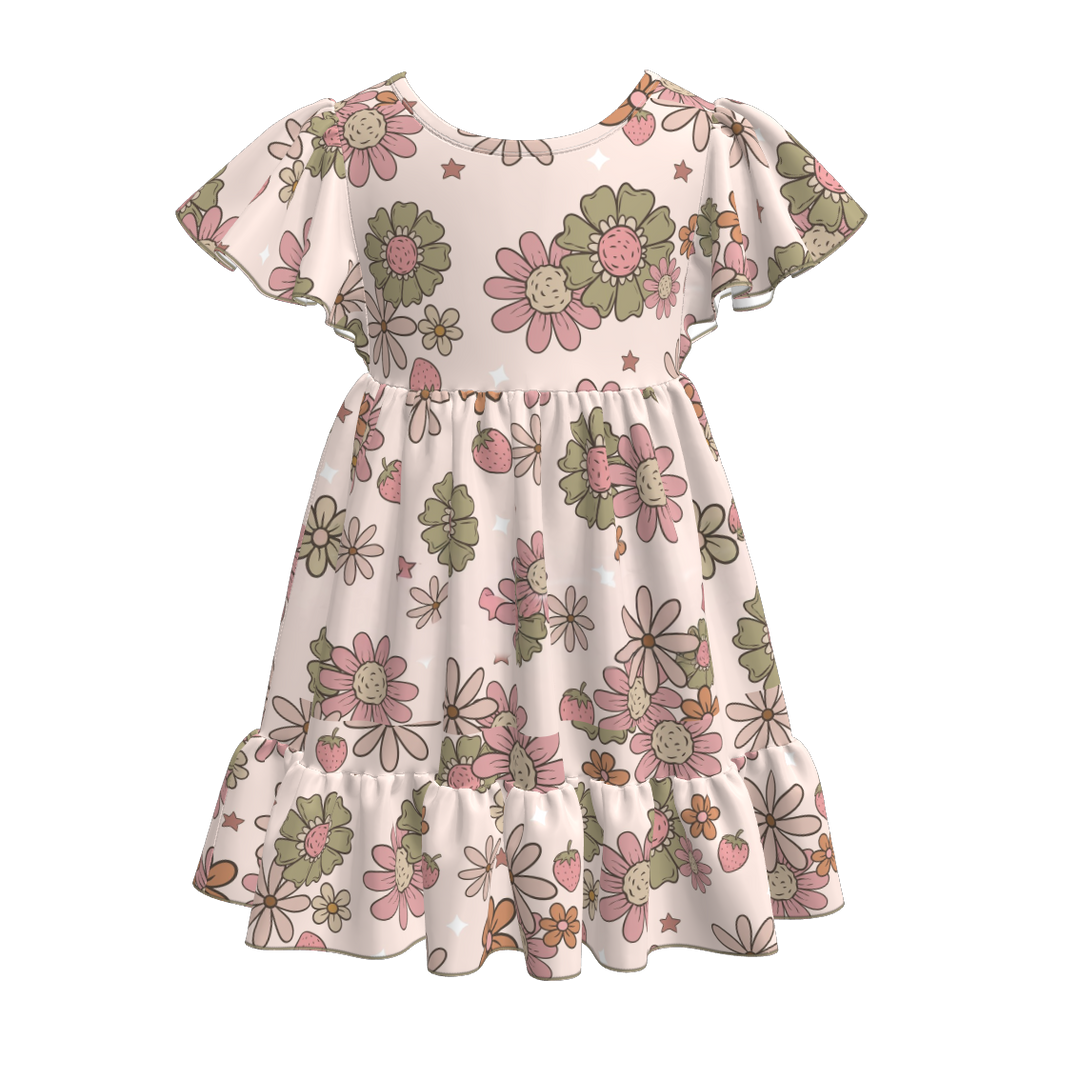 Girls floral flutter sleeve Splicing dress