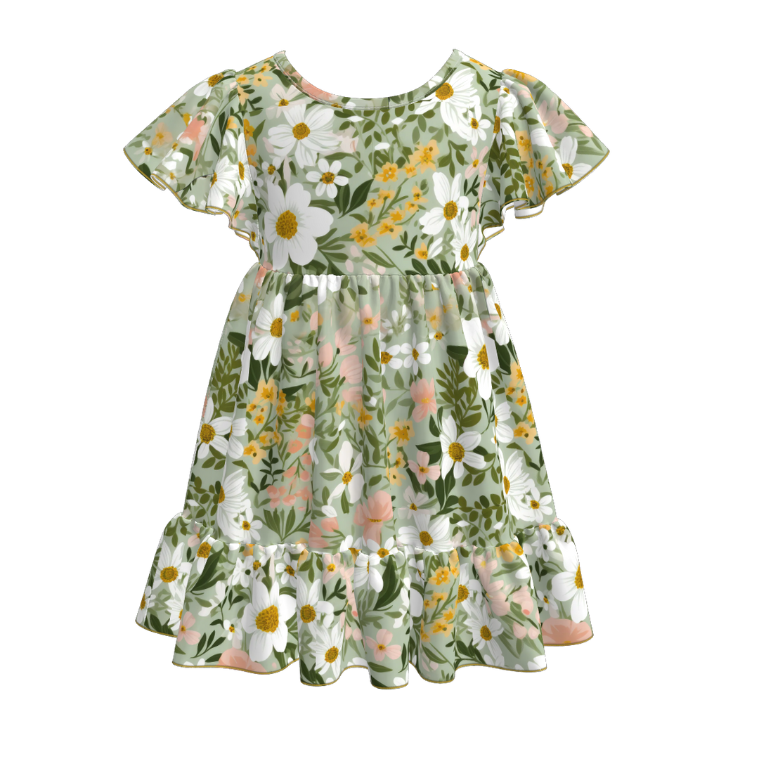 Girls floral flutter sleeve Splicing dress