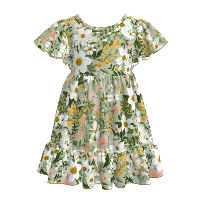 Girls floral flutter sleeve Splicing dress