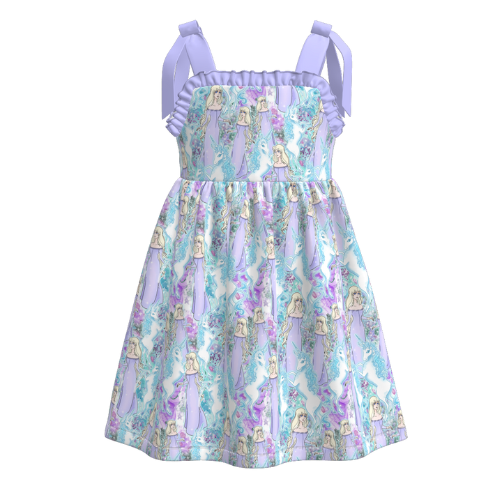 Girls Bow tie suspender dress with princess printed