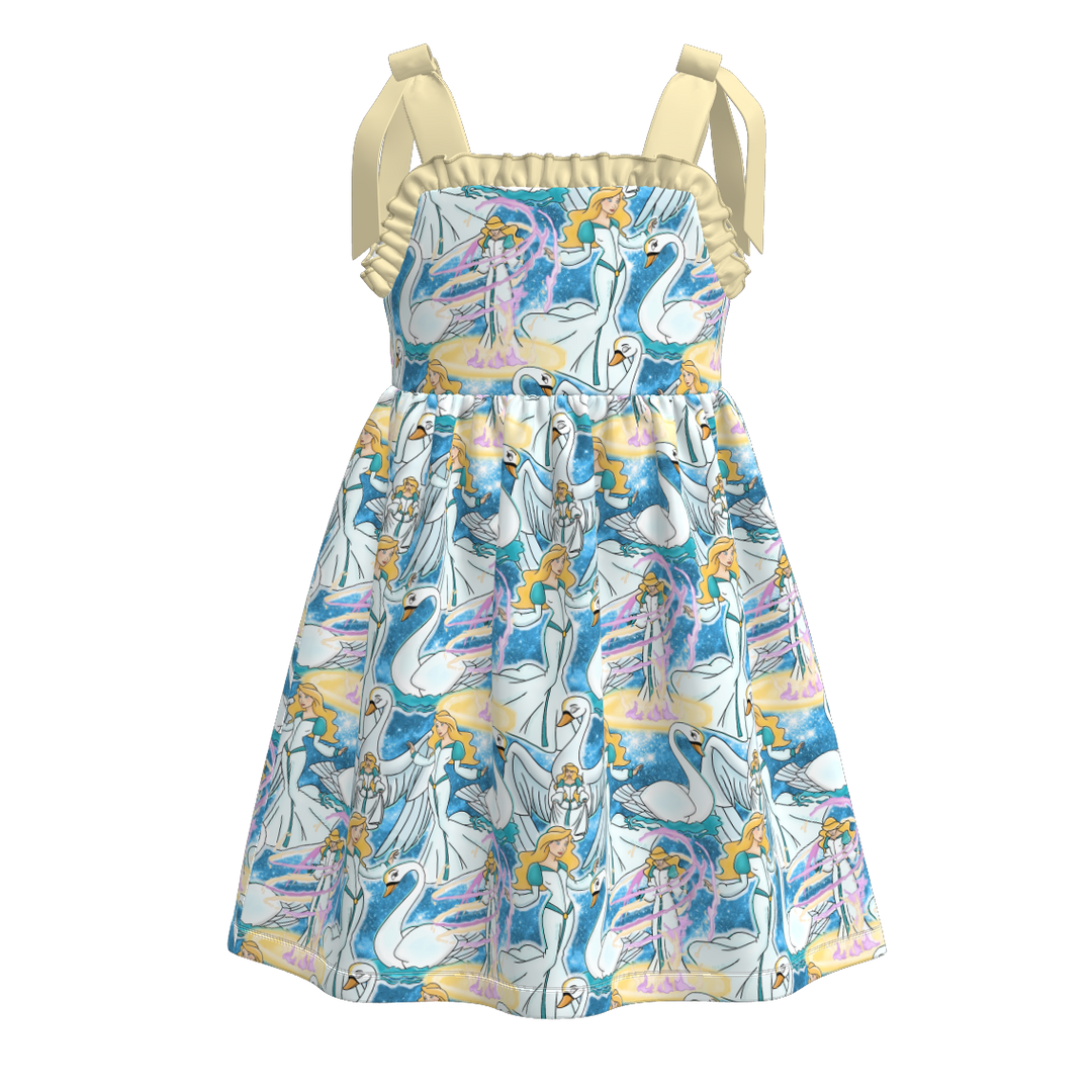 Girls Bow tie suspender dress with princess printed