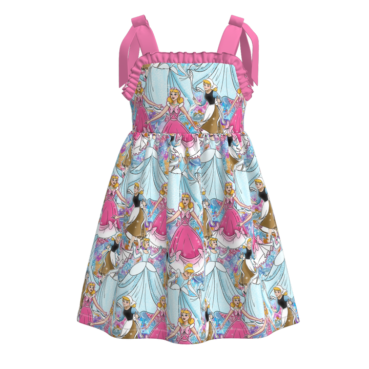 Girls Bow tie suspender dress with princess printed
