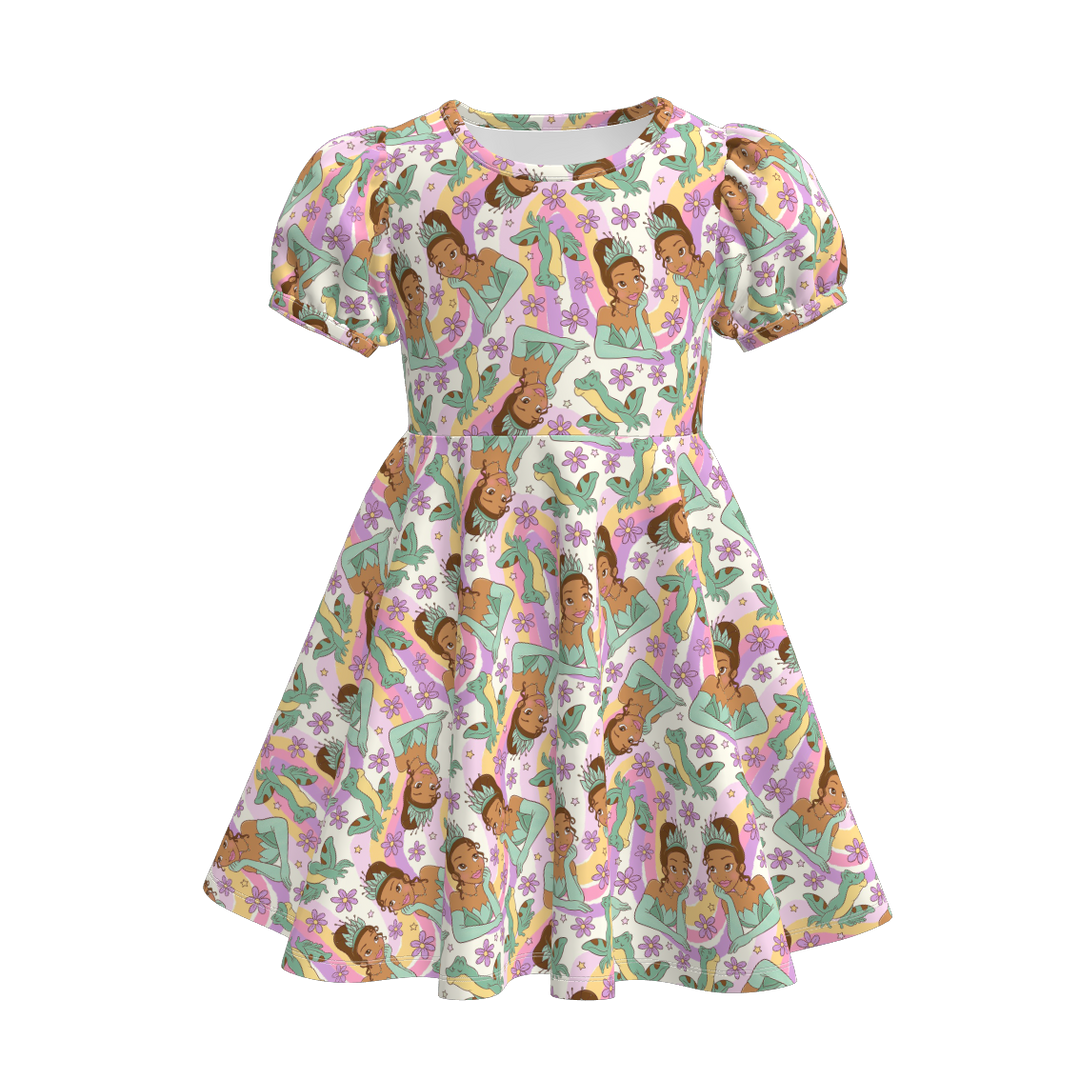 Girls puff sleeve dress with princess printed