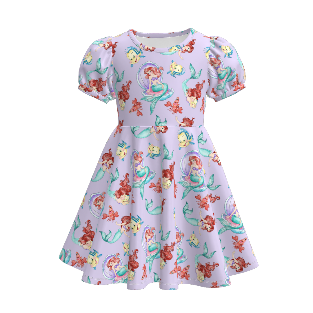 Girls puff sleeve dress with princess printed