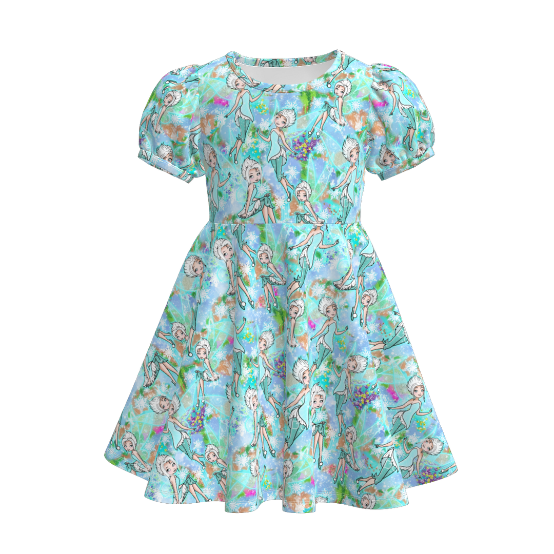 Girls puff sleeve dress with princess printed