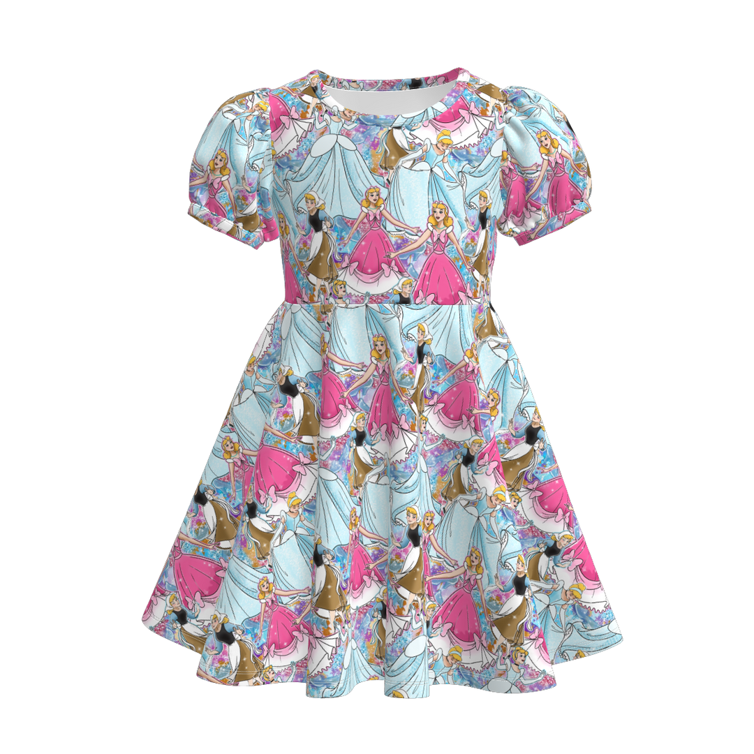 Girls puff sleeve dress with princess printed