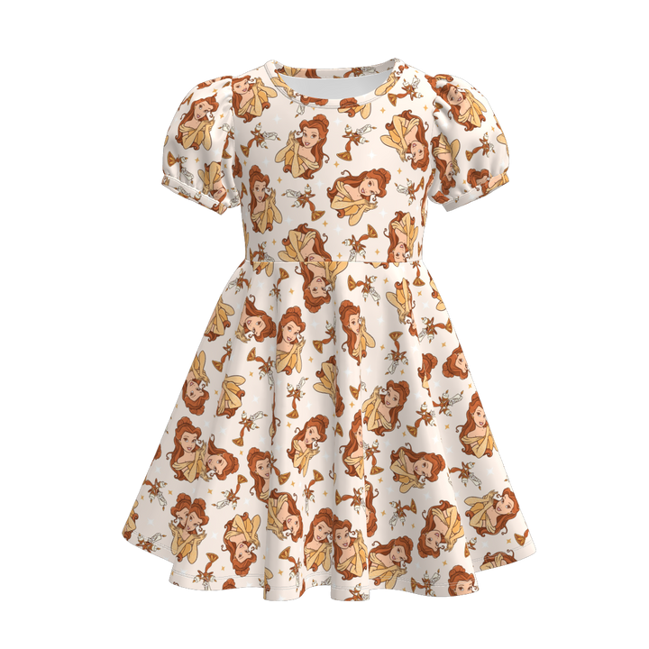 Girls puff sleeve dress with princess printed