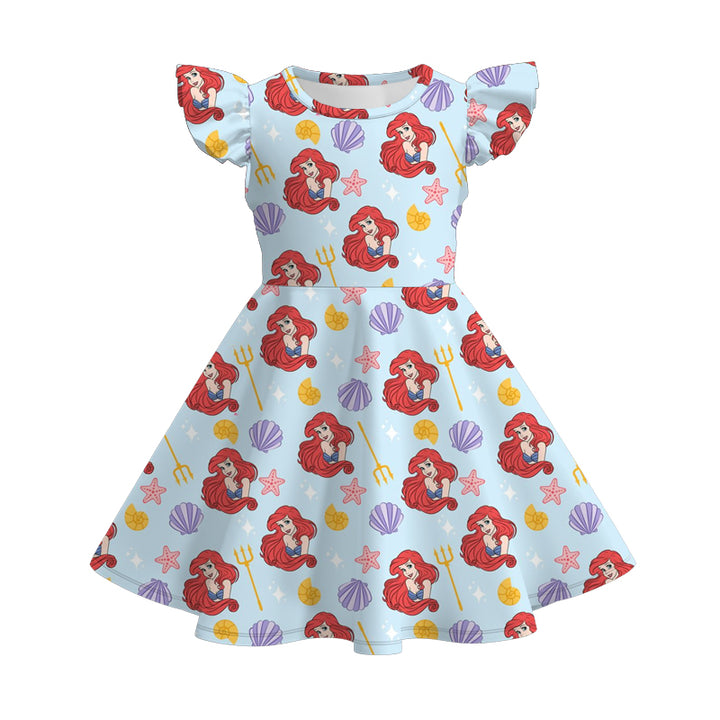 Girls summer flutter sleeve twirl dress with princess printed