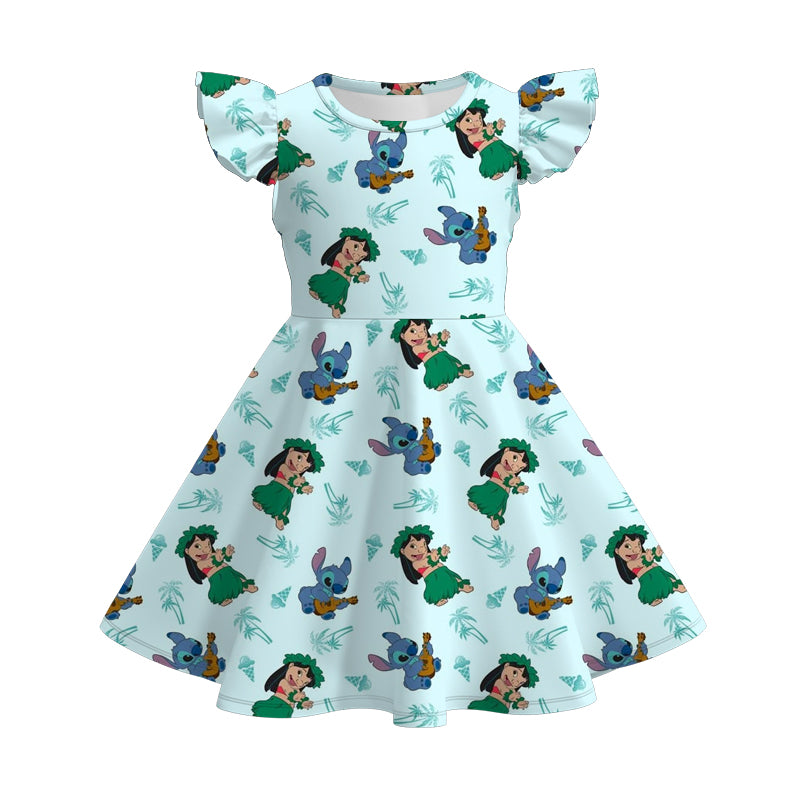 Girls summer flutter sleeve twirl dress with princess printed