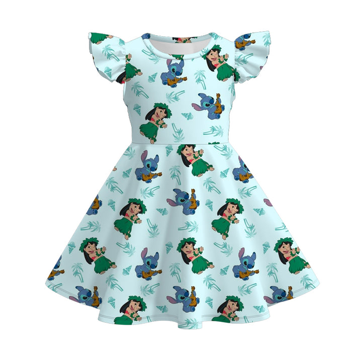 Girls summer flutter sleeve twirl dress with princess printed