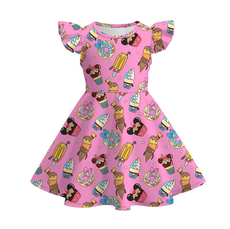 Girls summer flutter sleeve twirl dress with princess printed