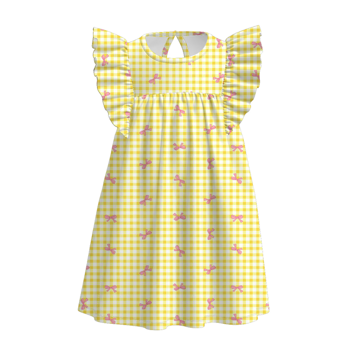 Girls sweet bow plaid flutter sleeve cotton dress