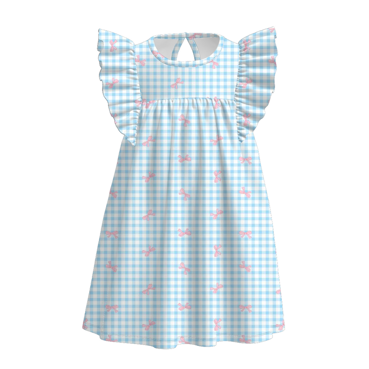 Girls sweet bow plaid flutter sleeve cotton dress