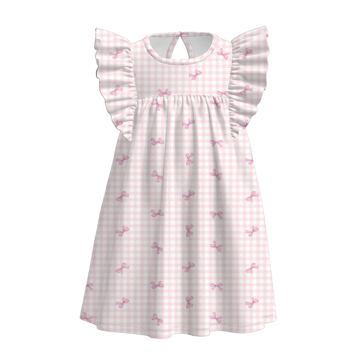 Girls sweet bow plaid flutter sleeve cotton dress