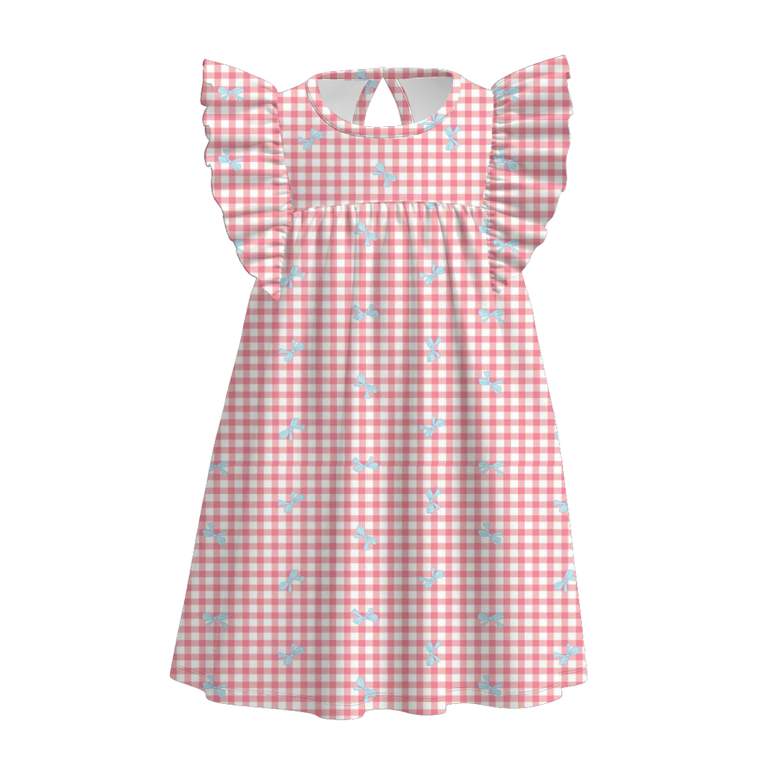 Girls sweet bow plaid flutter sleeve cotton dress