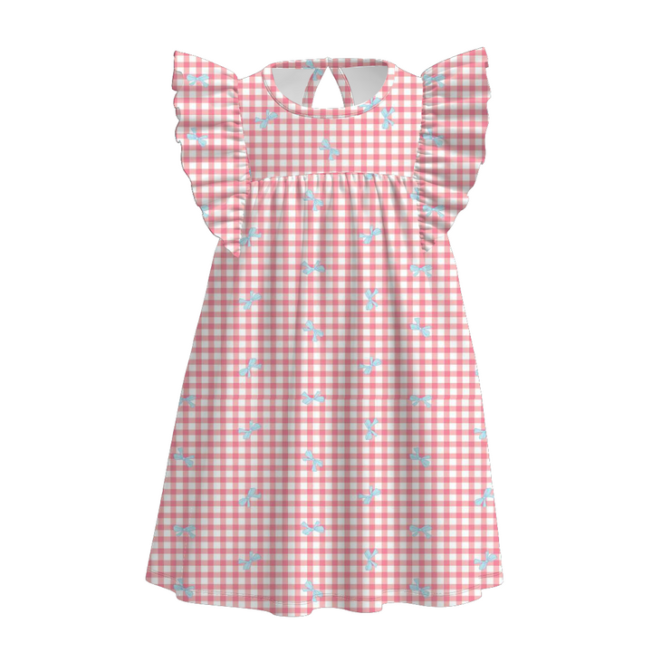 Girls sweet bow plaid flutter sleeve cotton dress