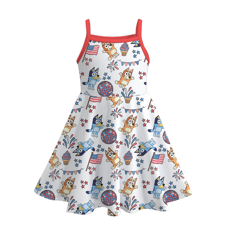 Girls 4th of July Bluey printed suspender dress