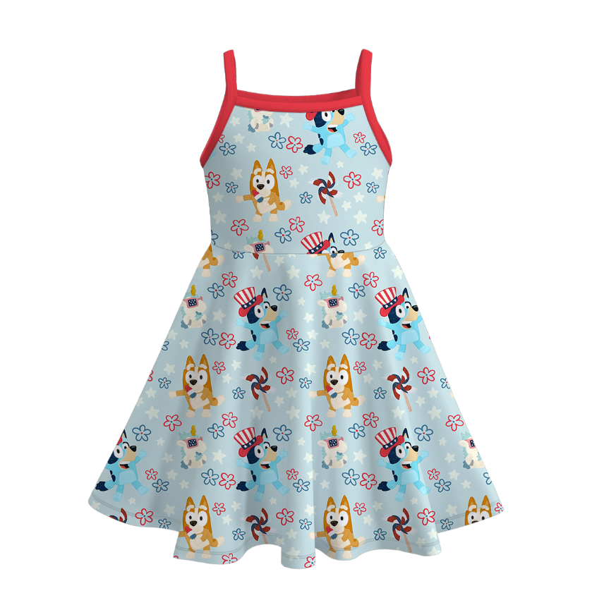 Girls 4th of July Bluey printed suspender dress