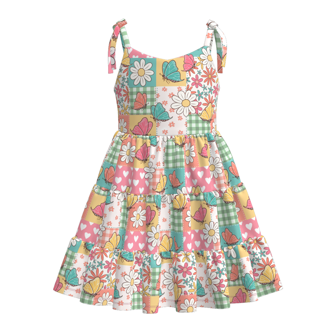Girls summer Bow tie-up suspender splicing dress