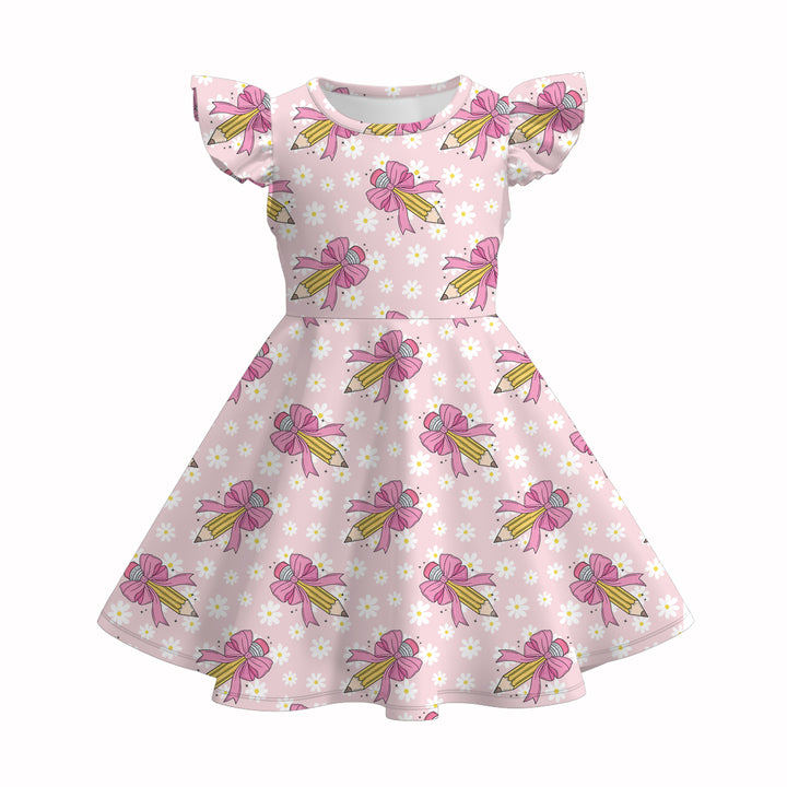 Back to school pencil bow pink twirly dress