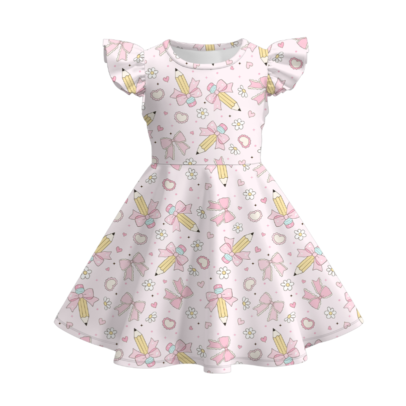 Back to school pencil bow pink twirly dress