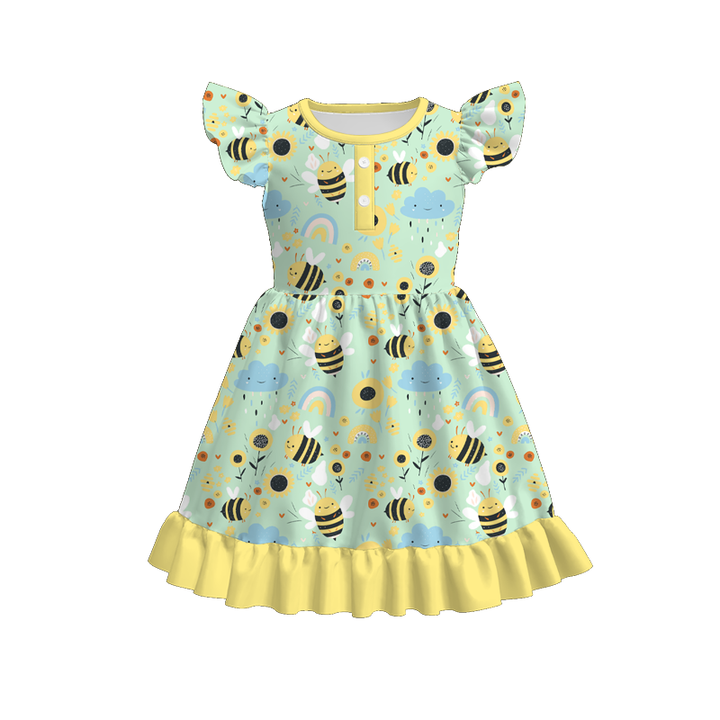 Button flutter sleeve ruffle dress for girls