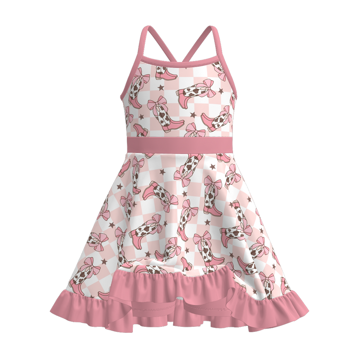 High-low ruffle Cross back suspender dress with culottes