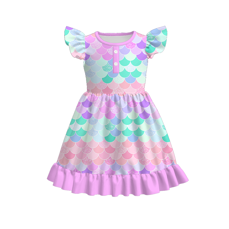 Button flutter sleeve ruffle dress for girls