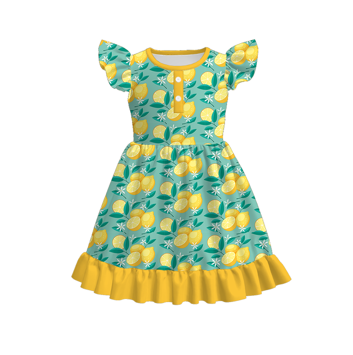 Button flutter sleeve ruffle dress for girls
