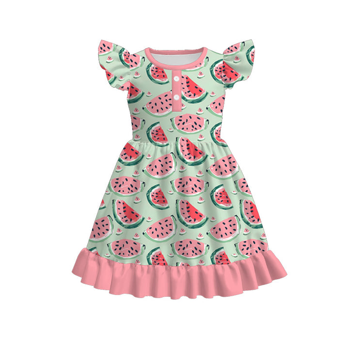 Button flutter sleeve ruffle dress for girls