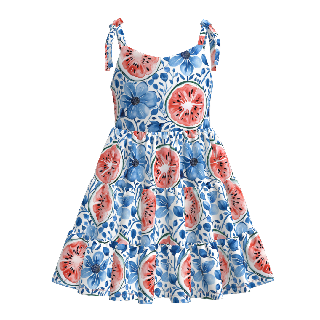 Bow-tie up splicing summer dress for girls