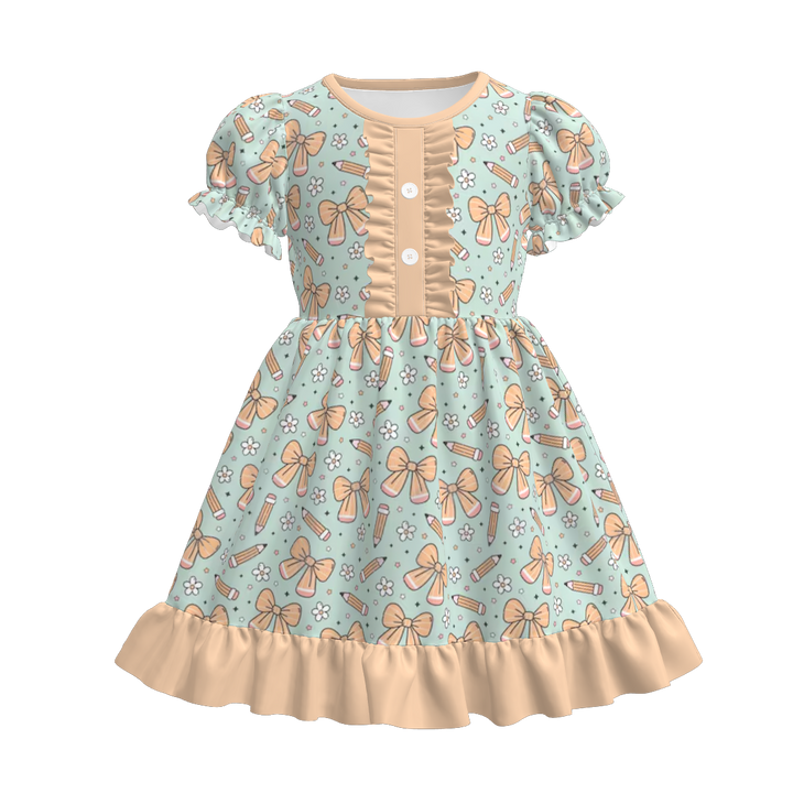 Button puff sleeve  back to school ruffle dress for girls