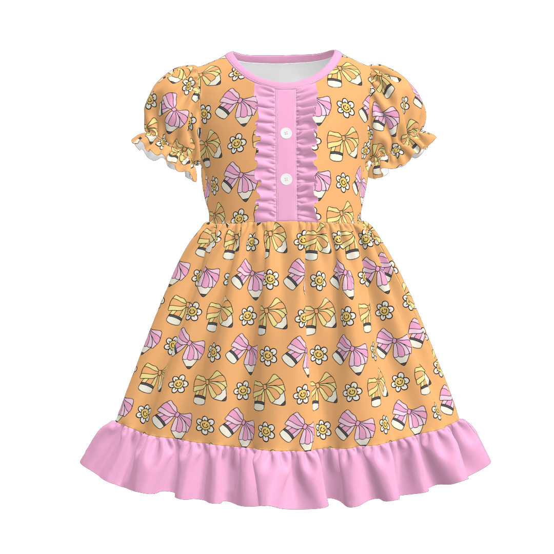 Button puff sleeve  back to school ruffle dress for girls