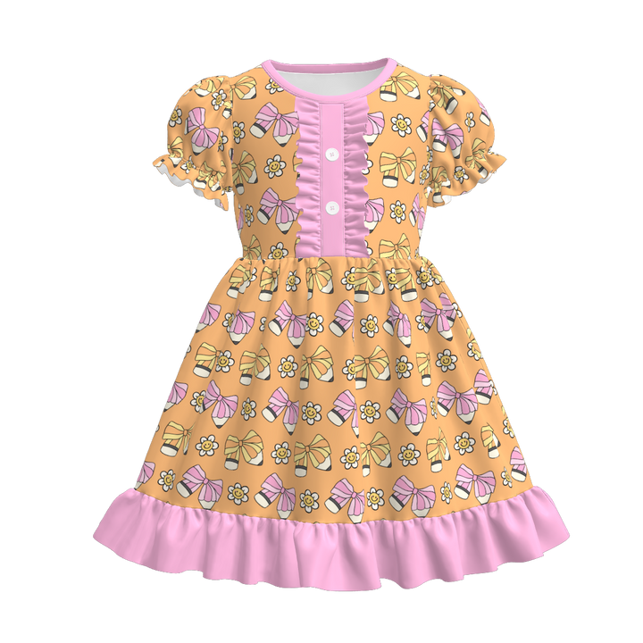 Button puff sleeve  back to school ruffle dress for girls