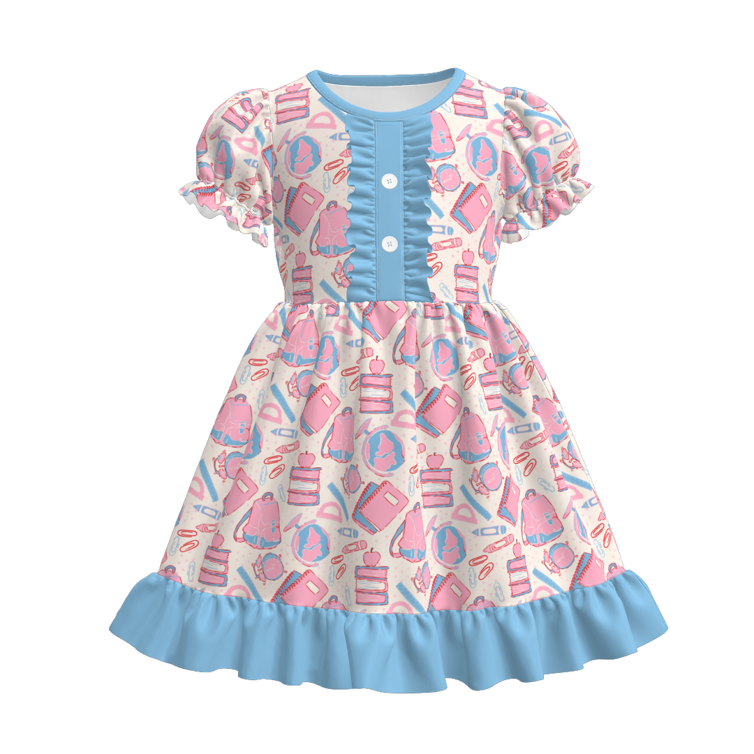 Button puff sleeve  back to school ruffle dress for girls