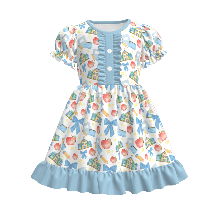 Button puff sleeve  back to school ruffle dress for girls