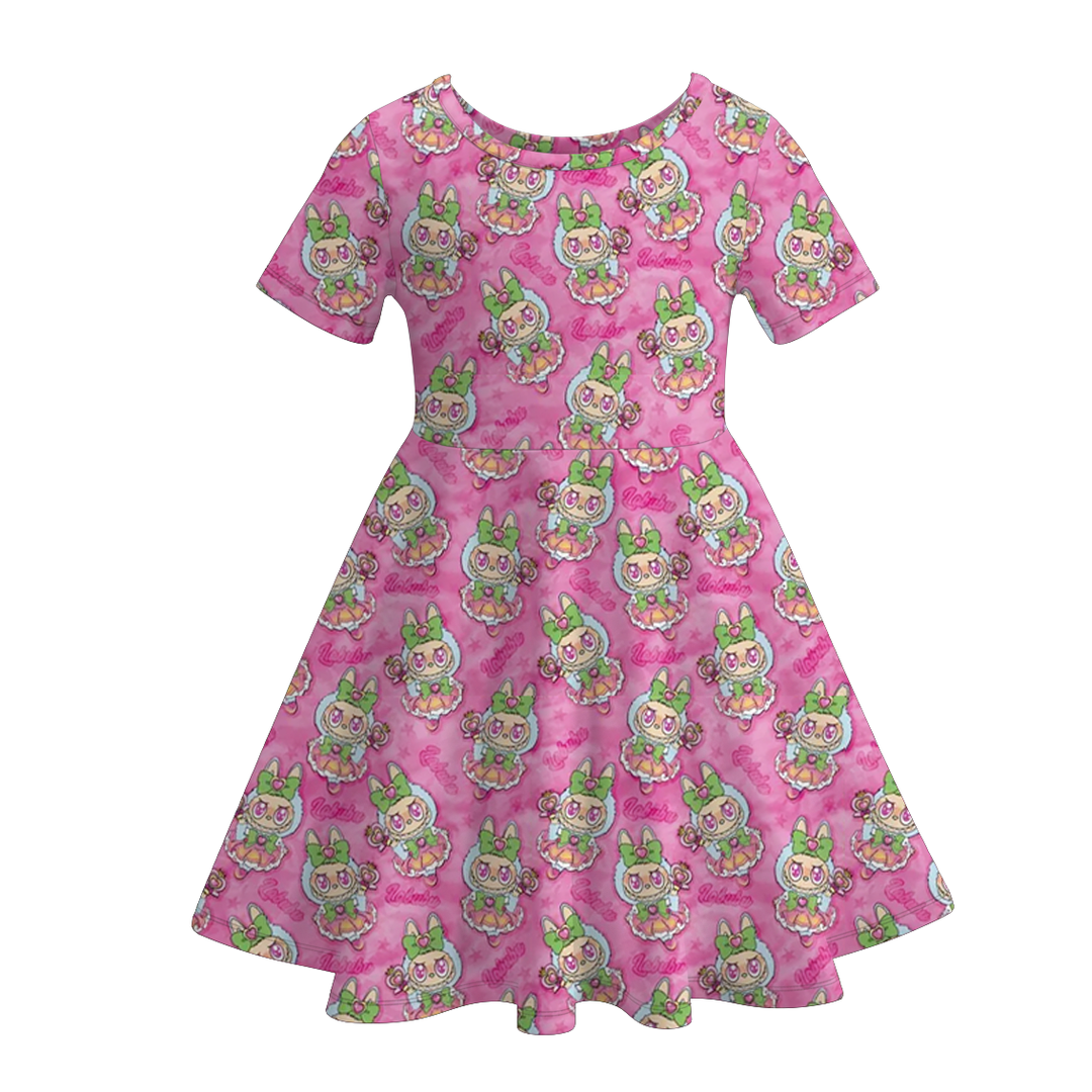 Labubu inspired cute printed short sleeve twirly dress