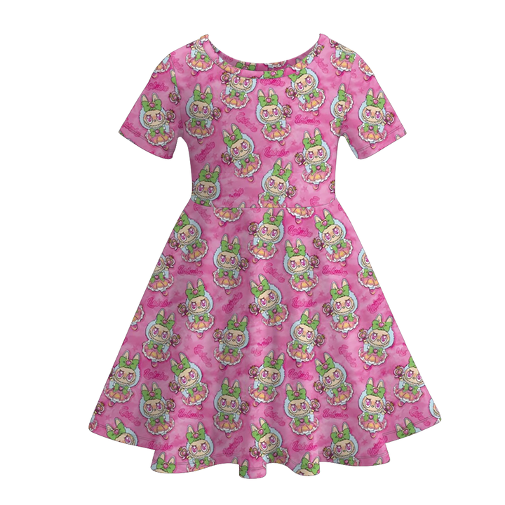 Labubu inspired cute printed short sleeve twirly dress