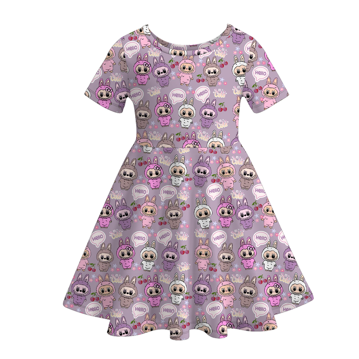 Labubu inspired cute printed short sleeve twirly dress
