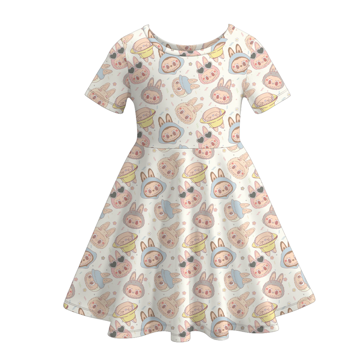 Labubu inspired cute printed short sleeve twirly dress