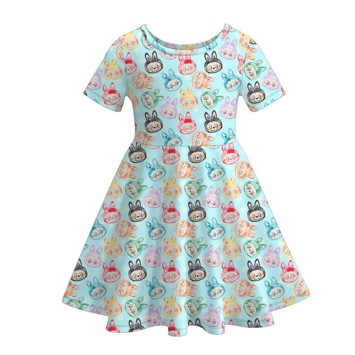 Labubu inspired cute printed short sleeve twirly dress