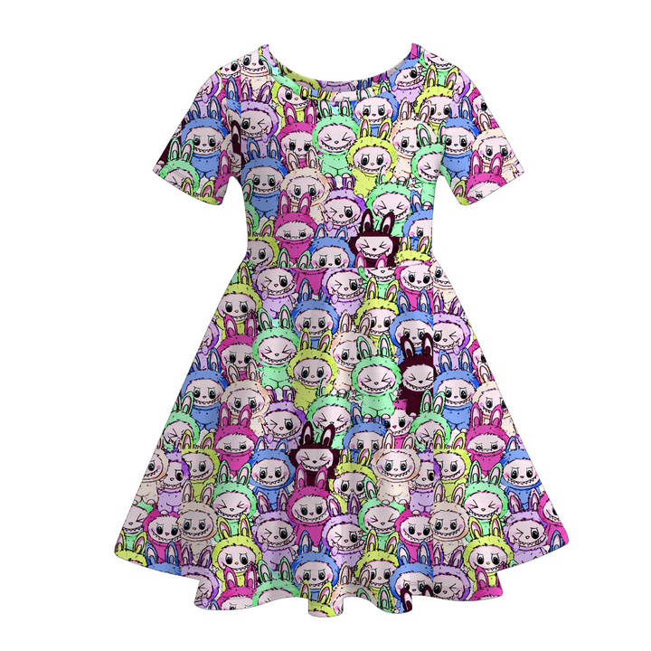 Labubu inspired cute printed short sleeve twirly dress