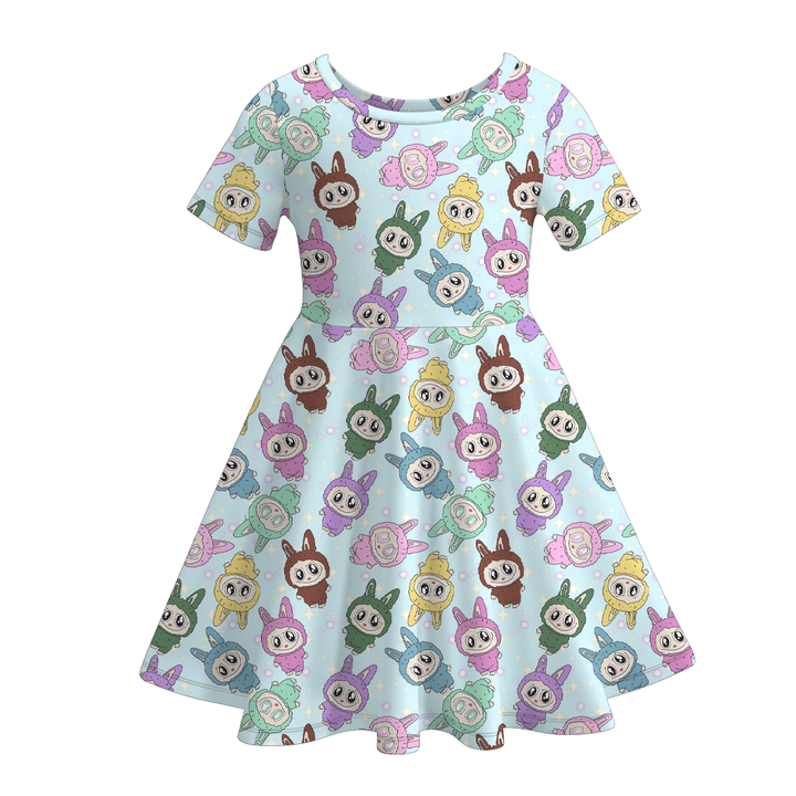 Labubu inspired cute printed short sleeve twirly dress