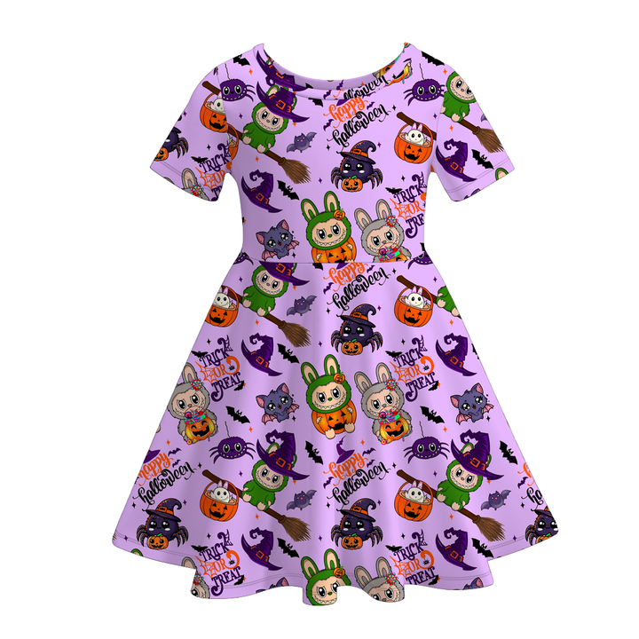Halloween pumpkin Labubu short sleeve twirly dress