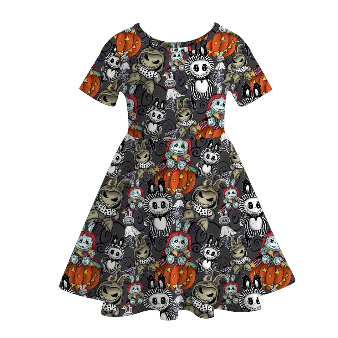 Halloween pumpkin Labubu short sleeve twirly dress
