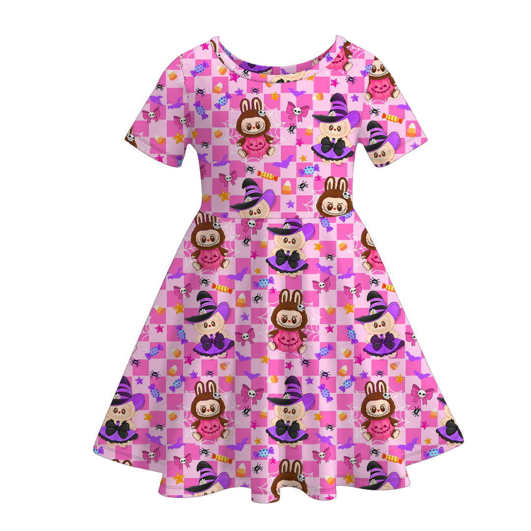 Halloween pumpkin Labubu short sleeve twirly dress